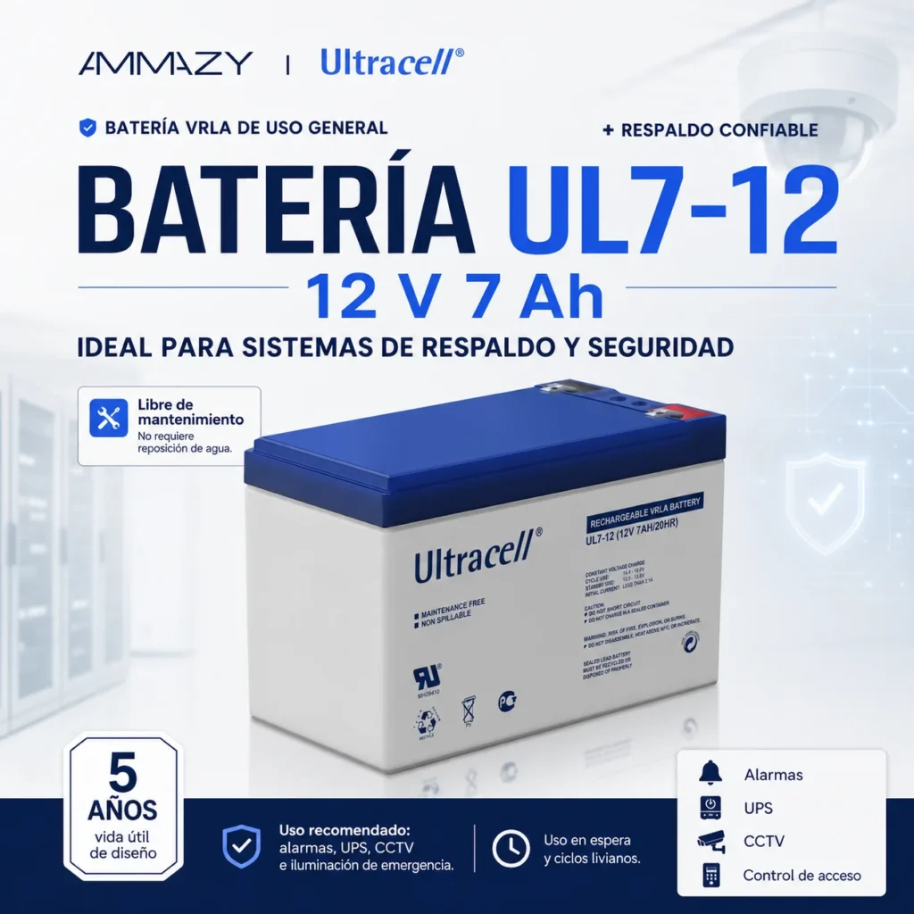 Batería VRLA Ultracell UL7-12 F1 7Ah 12V para UPS y Alarmas