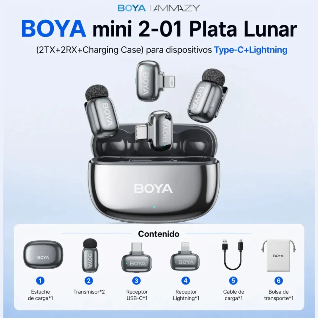 Kit de micrófonos inalámbricos BOYA mini 2-01 Plata Lunar