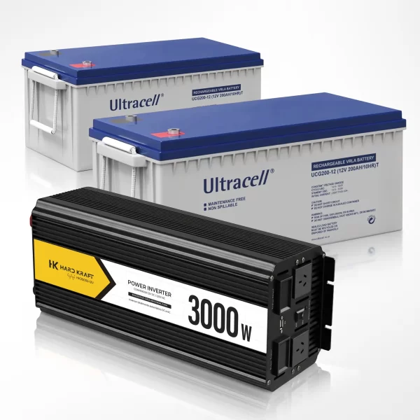 Kit solar 24V con inversor Hard Kraft 3000W onda pura y baterías gel Ultracell 200Ah