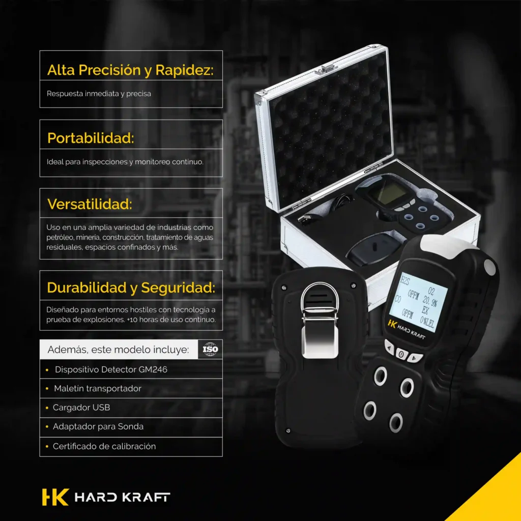 Detector Multigás Hardkraft GM246 4 en 1 CO H2S O2 EX Certificado