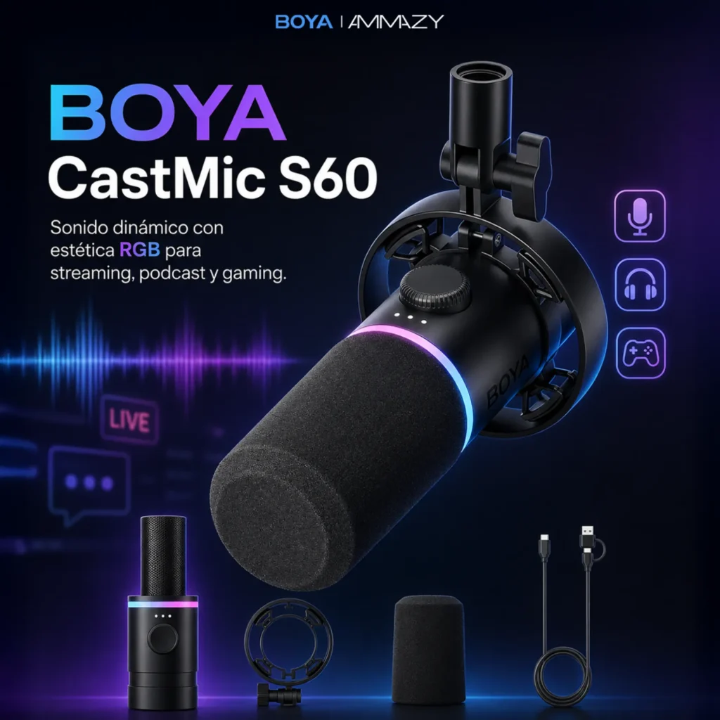 Micrófono BOYA S60 Castmic Gamer RGB USB XLR Podcast