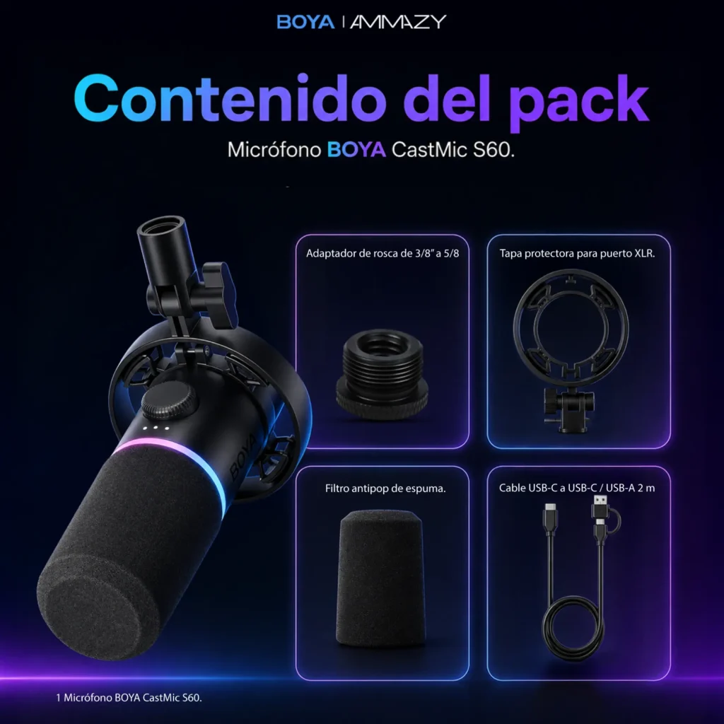 Micrófono BOYA S60 Castmic Gamer RGB USB XLR Podcast