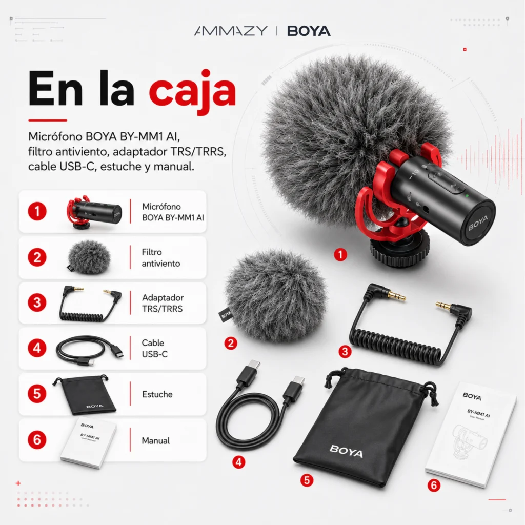 Micrófono BOYA Mm1 Ai Supercardioide USB-C IA 3.5 mm 48khz