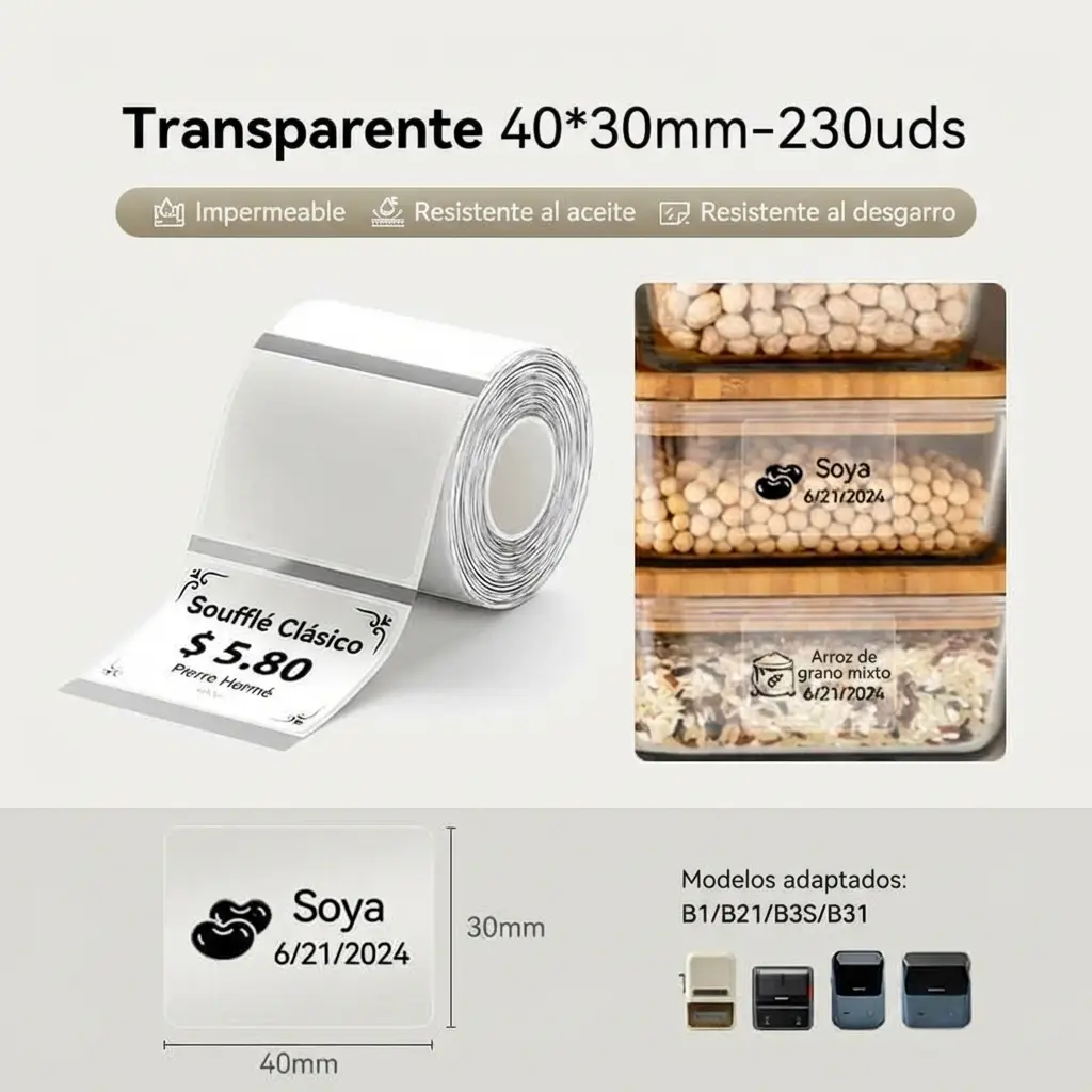 Rollo Etiquetas Para Niimbot B1 Termica 40x30mm Transparente