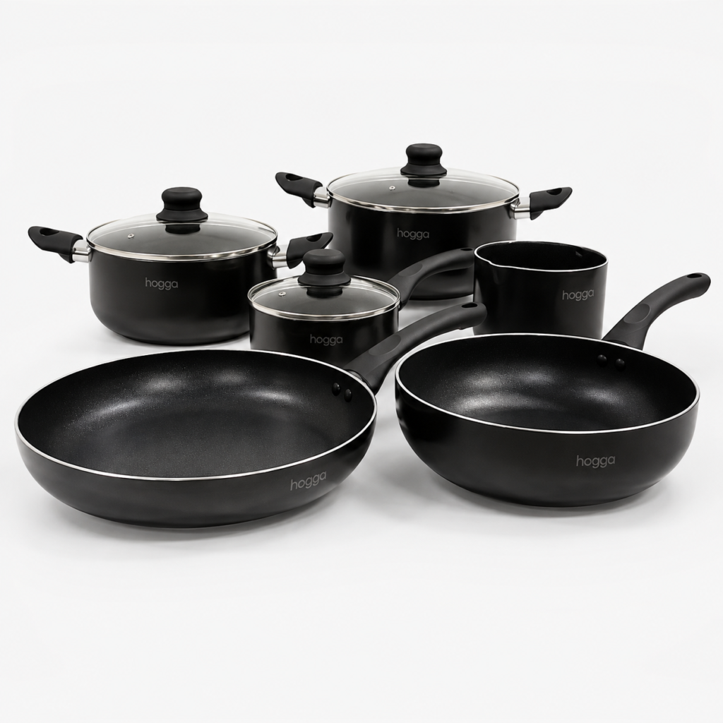 Batería de Cocina HOGGA 9 Piezas Antiadherente con Tapas de Vidrio Templado
