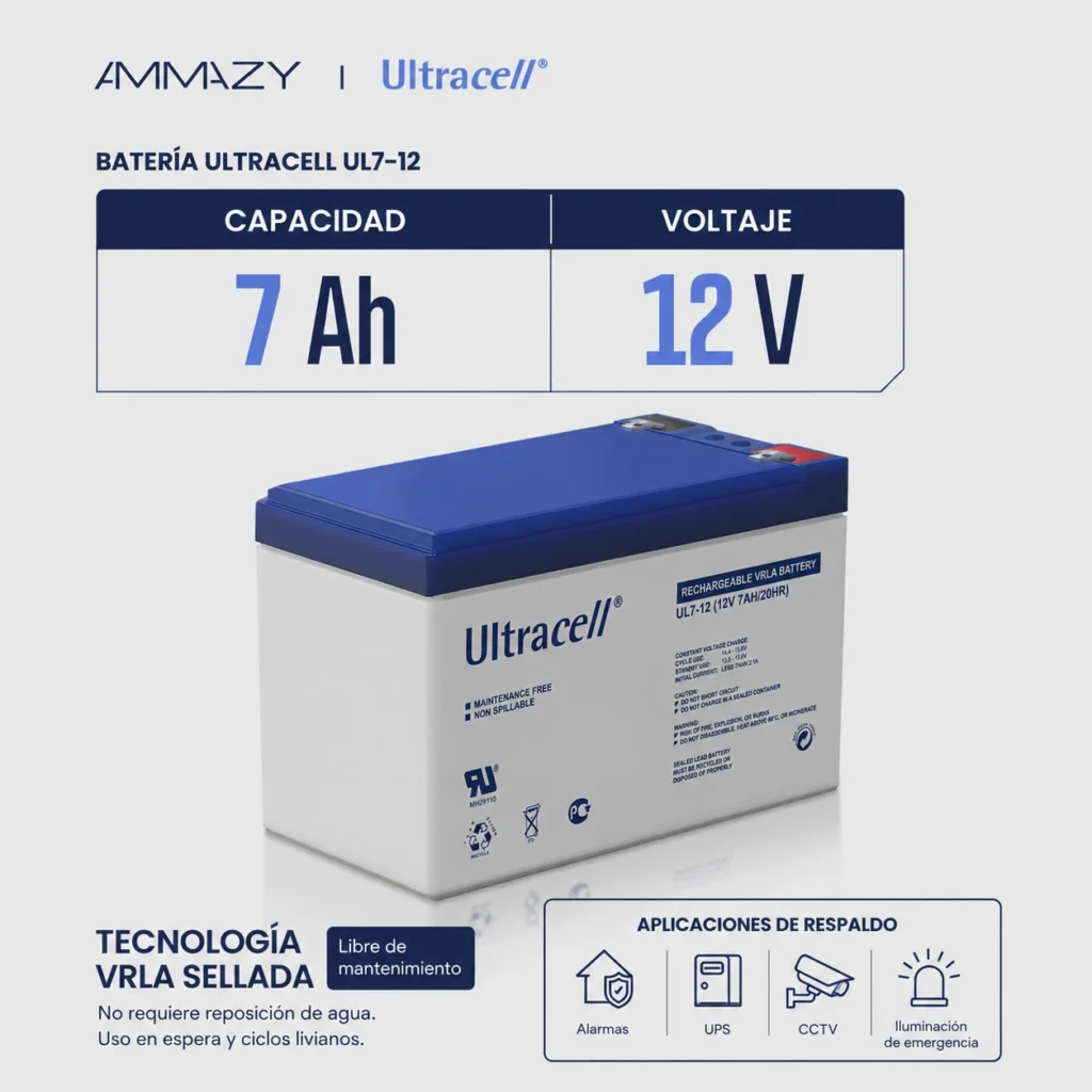 Batería VRLA Ultracell UL7-12 F2 7Ah 12V para UPS y Alarmas