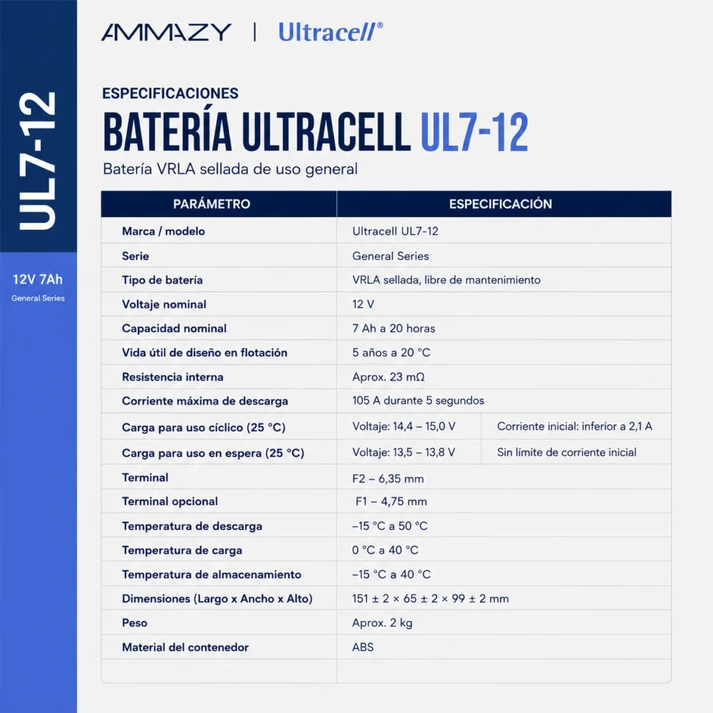 Batería VRLA Ultracell UL7-12 F2 7Ah 12V para UPS y Alarmas
