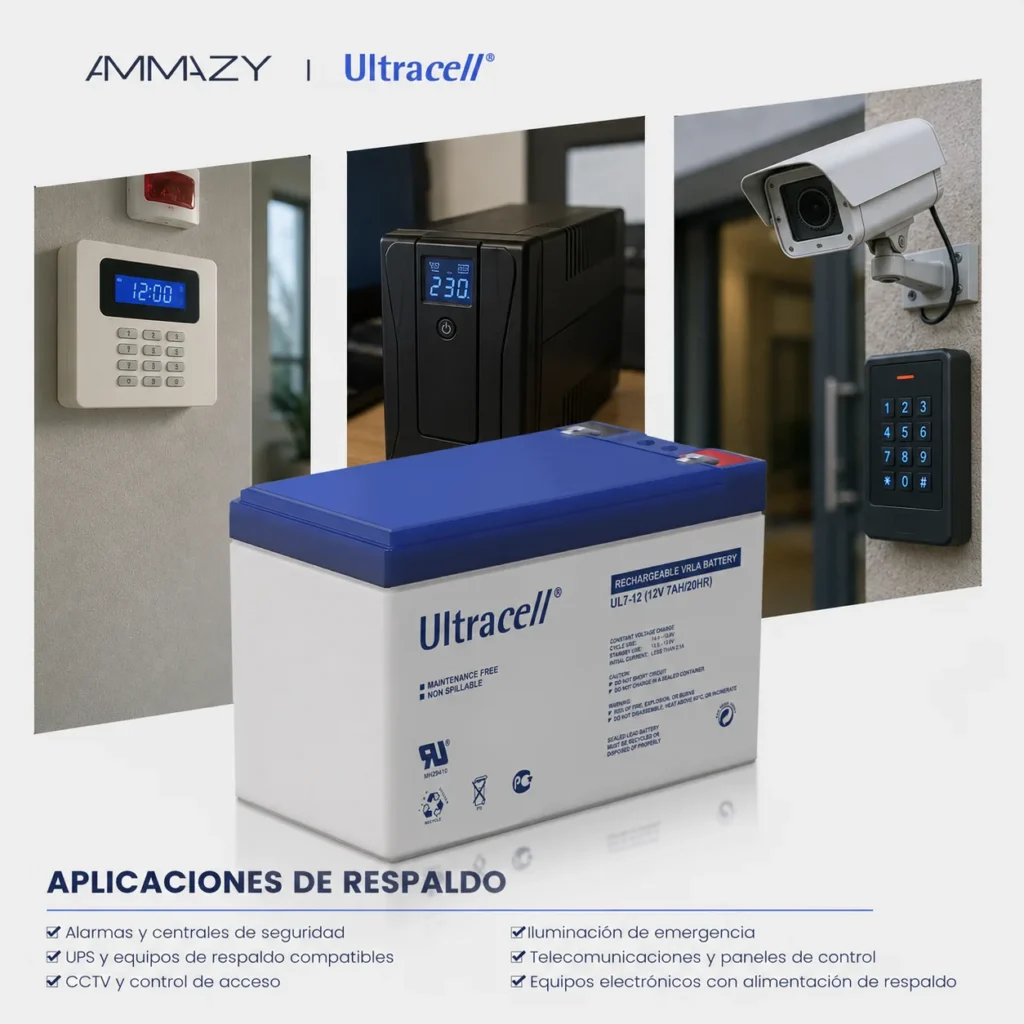 Batería VRLA Ultracell UL7-12 F2 7Ah 12V para UPS y Alarmas
