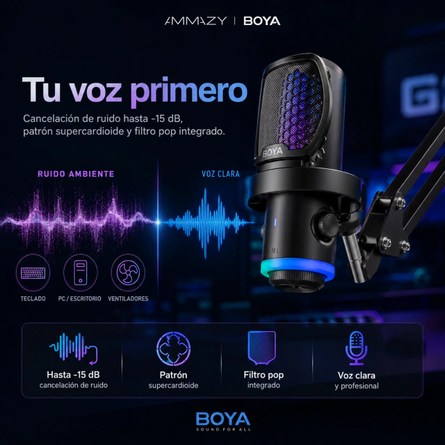 Micrófono BOYA Castmic G40b USB Soporte RGB Gaming Streaming