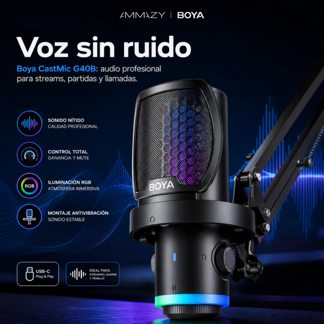 Micrófono BOYA Castmic G40b USB Soporte RGB Gaming Streaming