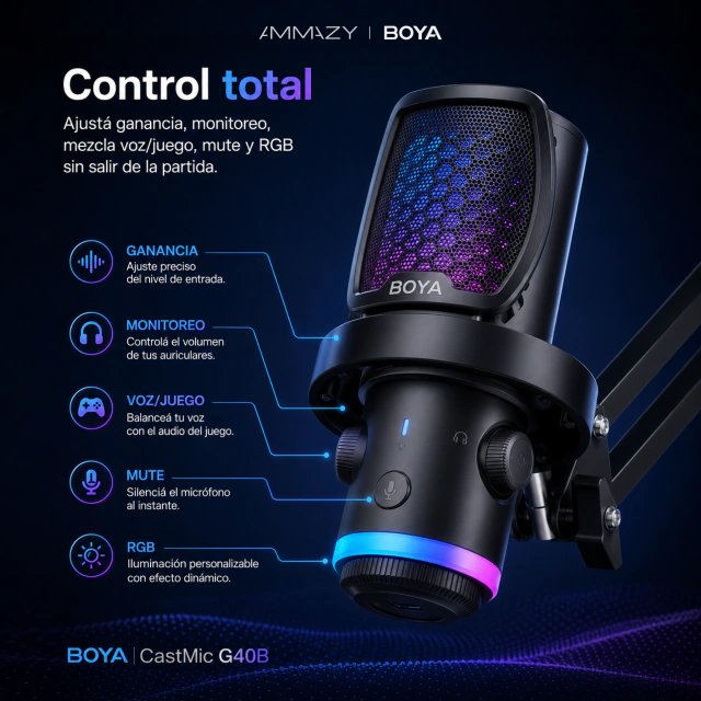 Micrófono BOYA Castmic G40b USB Soporte RGB Gaming Streaming