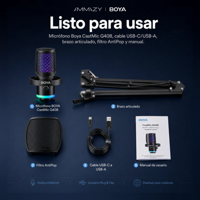 Micrófono BOYA Castmic G40b USB Soporte RGB Gaming Streaming