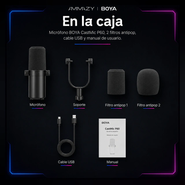 BOYA Castmic P60 Micrófono Dinámico Híbrido Negro