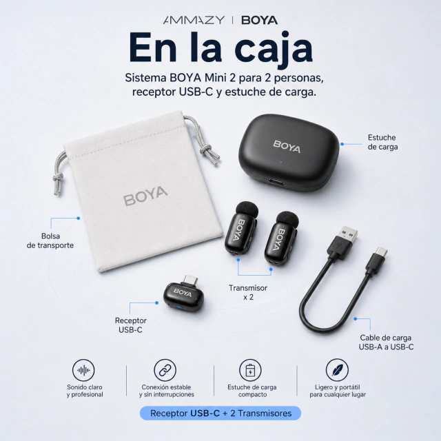 Kit de Micrófonos Corbateros BOYA Mini 2 USB-C Negro