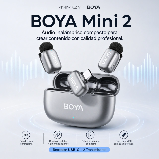 Kit de Micrófonos Corbateros BOYA Mini 2 USB-C Plata Lunar