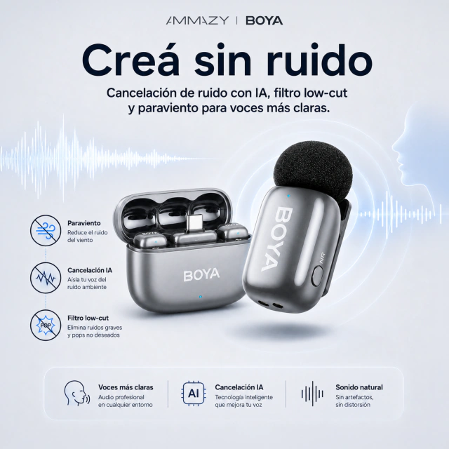 Kit de Micrófonos Corbateros BOYA Mini 2 USB-C Plata Lunar