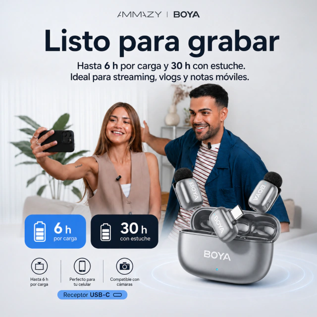Kit de Micrófonos Corbateros BOYA Mini 2 USB-C Plata Lunar