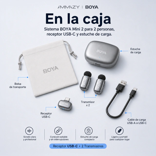 Kit de Micrófonos Corbateros BOYA Mini 2 USB-C Plata Lunar