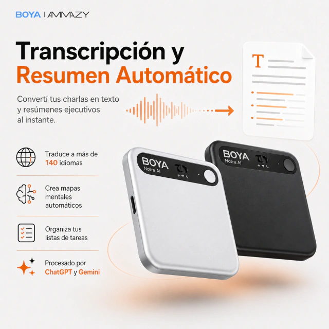 Grabador de Voz Digital Pro 64GB BOYA Notra IA Notas Resumen Naranja