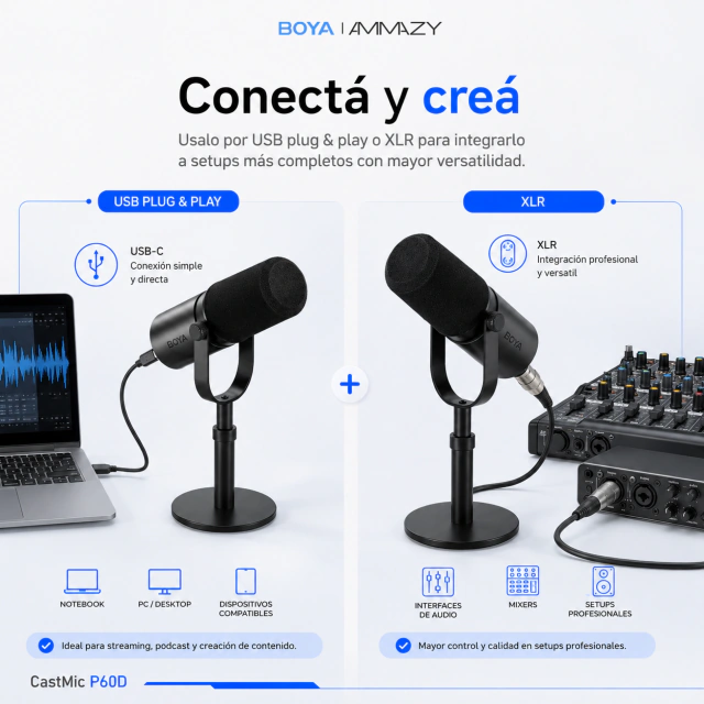 Micrófono BOYA P60d Castmic USB+XLR Streaming Podcast