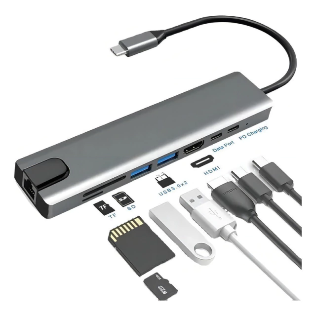 Hub USB C 8 en 1 HDMI 4K RJ45 SD TF Pd 100W AltaNet Aluminio