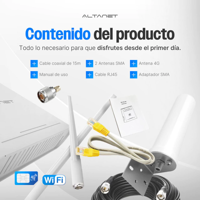 Módem Router 4G WiFi + 3 Ethernet + Antena Omni + Cable 15 m AltaNet