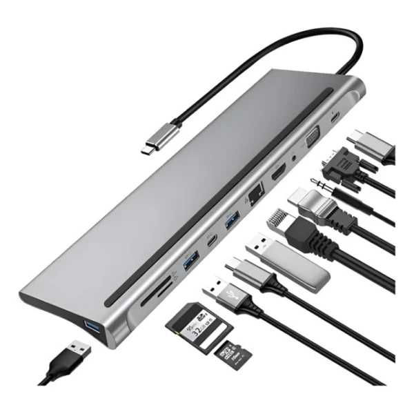 Adaptador Hub USB C 11 a 1 MacBook HDMI VGA USB LAN Micro SD AltaNet