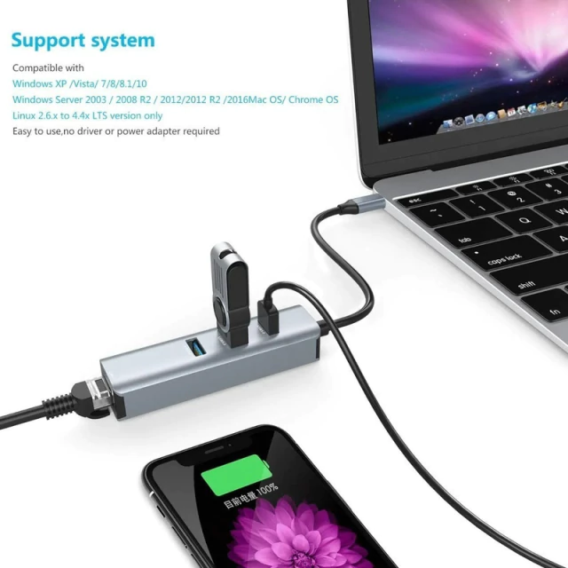 Adaptador USB-C - Hub 3 Port USB 3 + Red G. Ethernet AltaNet