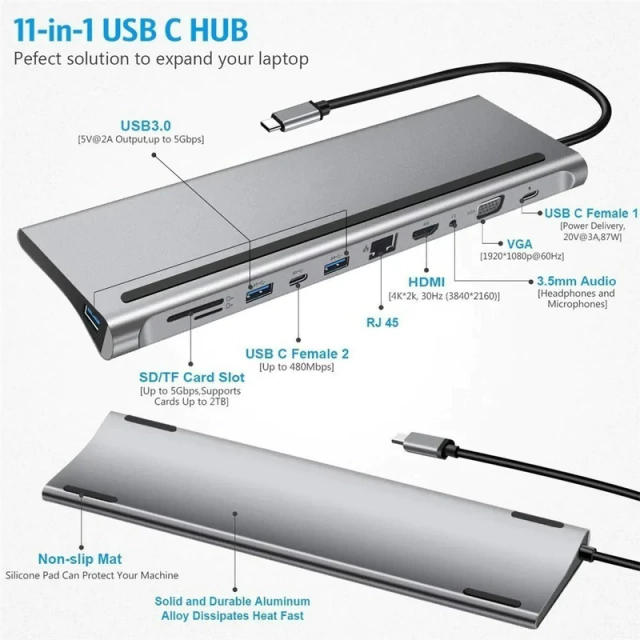 Adaptador Hub USB C 11 a 1 MacBook HDMI VGA USB LAN Micro SD AltaNet