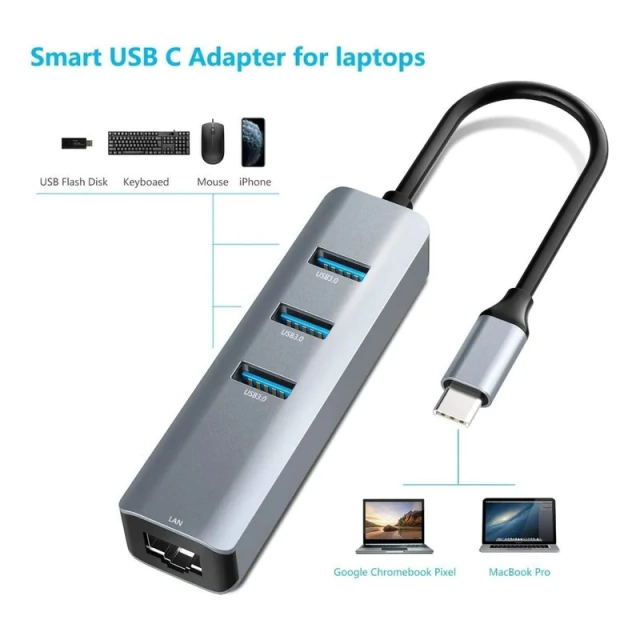 Adaptador USB-C - Hub 3 Port USB 3 + Red G. Ethernet AltaNet