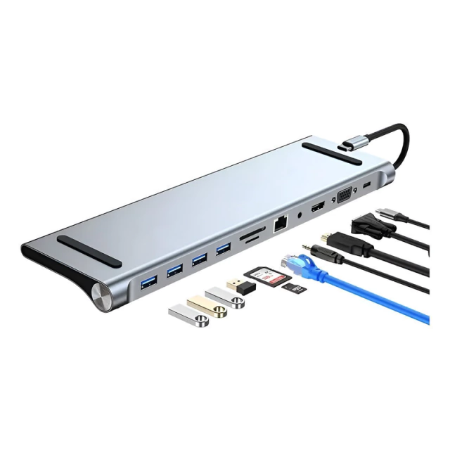 Adaptador Hub 11 a 1 MacBook HDMI/VGA/USB/RJ45/SD/micr/audio AltaNet