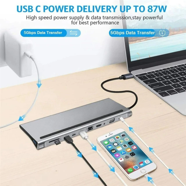 Adaptador Hub USB C 11 a 1 MacBook HDMI VGA USB LAN Micro SD AltaNet