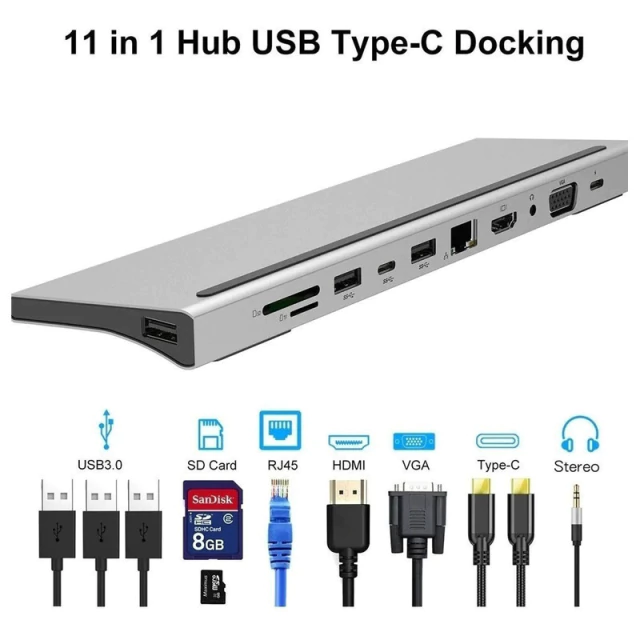 Adaptador Hub USB C 11 a 1 MacBook HDMI VGA USB LAN Micro SD AltaNet