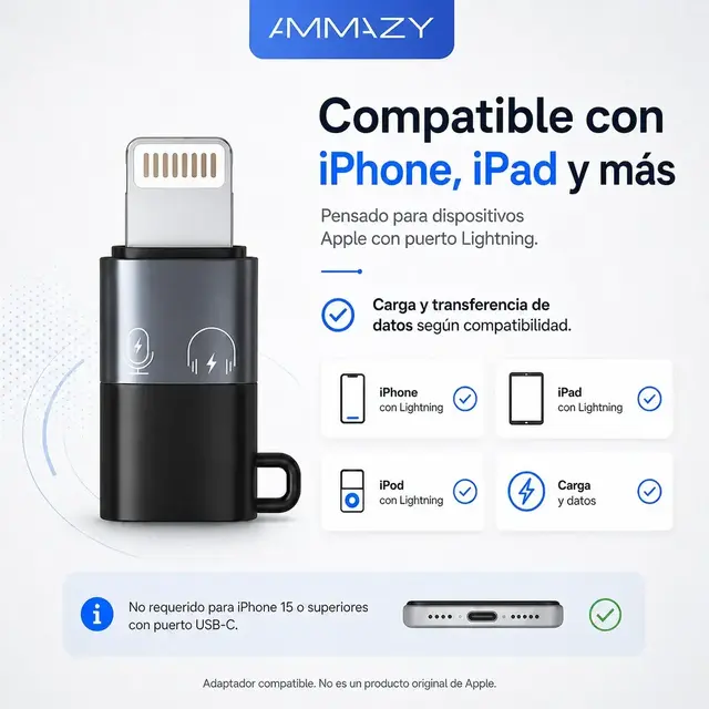 Adaptador USB C a Lightning Compatible iPhone iPad Carga AltaNet