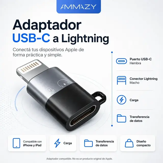 Adaptador USB C a Lightning Compatible iPhone iPad Carga AltaNet