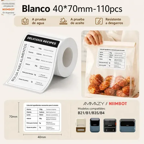 Rollo Etiquetas Térmicas Niimbot 40x70mm Blanco B1 B21 B31 Blanco