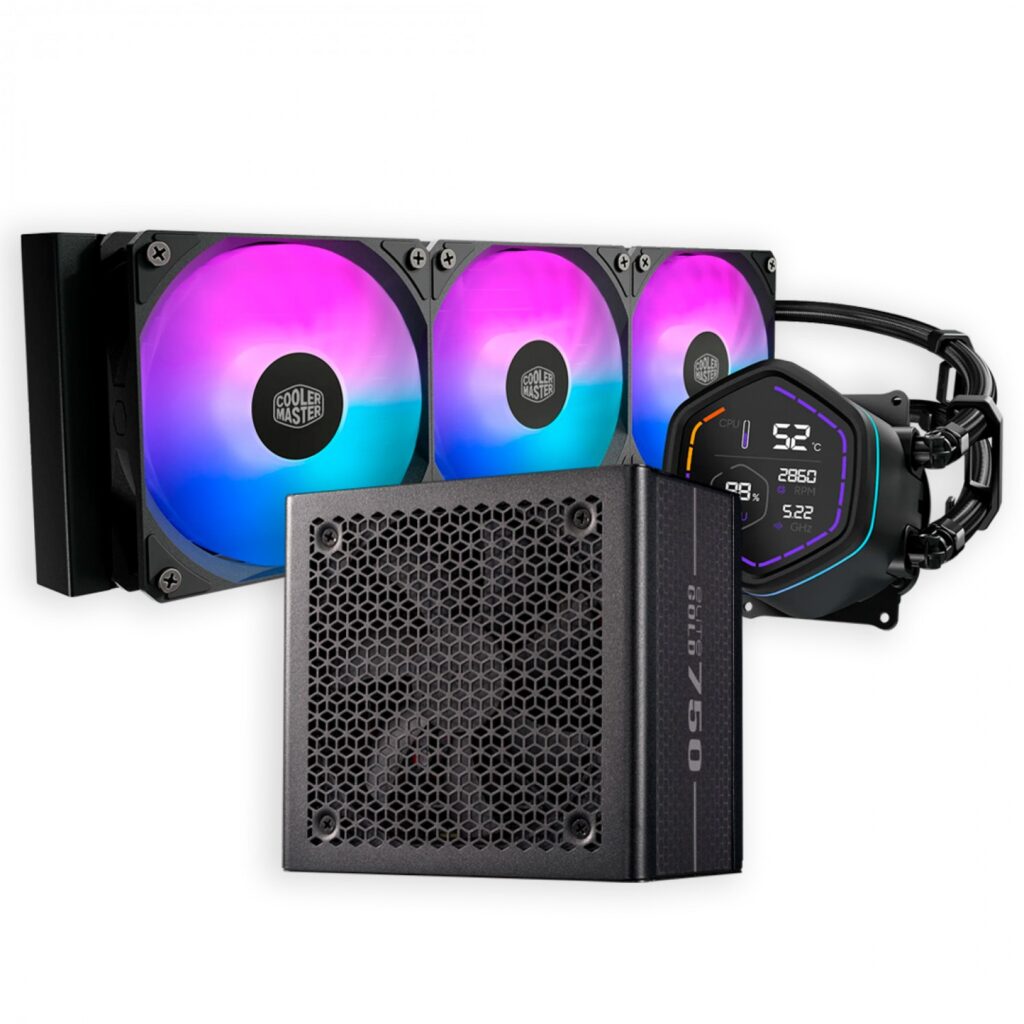 Kit de componentes Cooler Master Elite Gold 750W y MasterLiquid Core Nex Digital 360